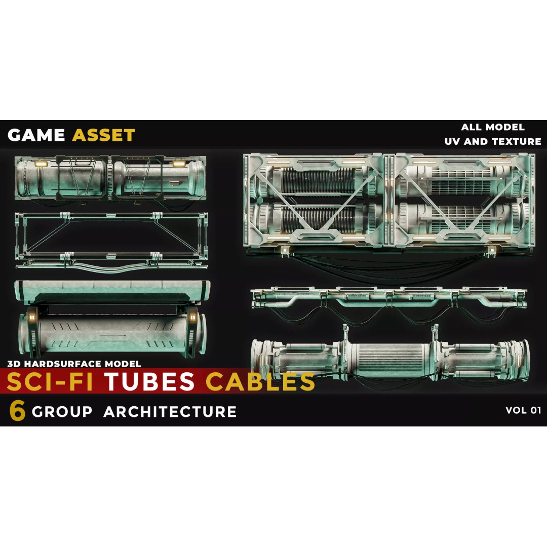 Sci-Fi Tubes Cables 3D Model – Low Poly PBR Game Asset, Blender, FBX - View 2