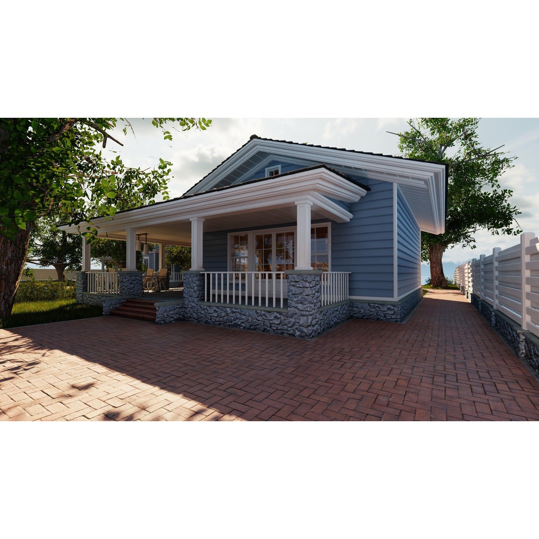 Classic Porch House 3D Model – Low Poly Game Asset, Blender, FBX