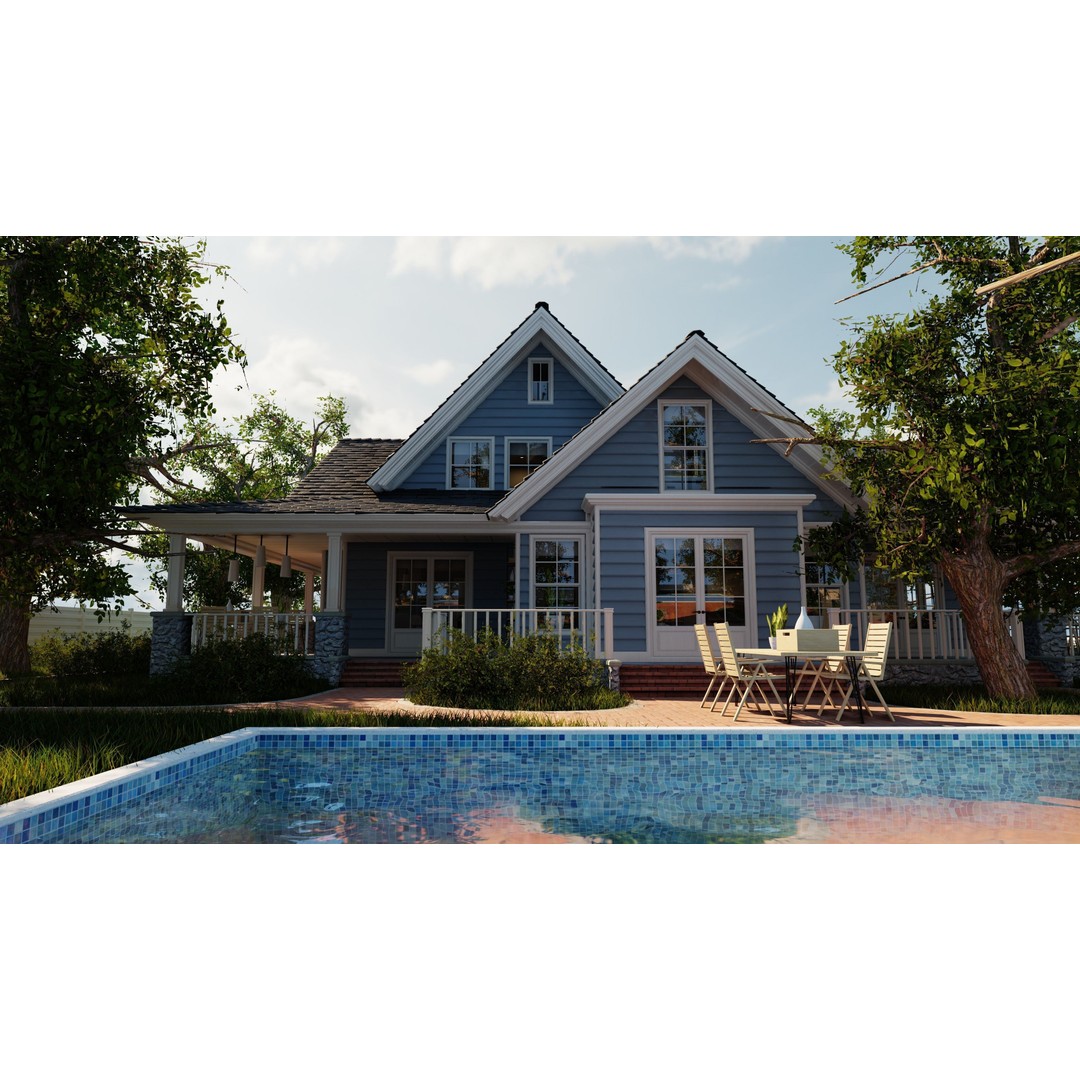 Classic Porch House 3D Model – Low Poly Game Asset, Blender, FBX - View 11