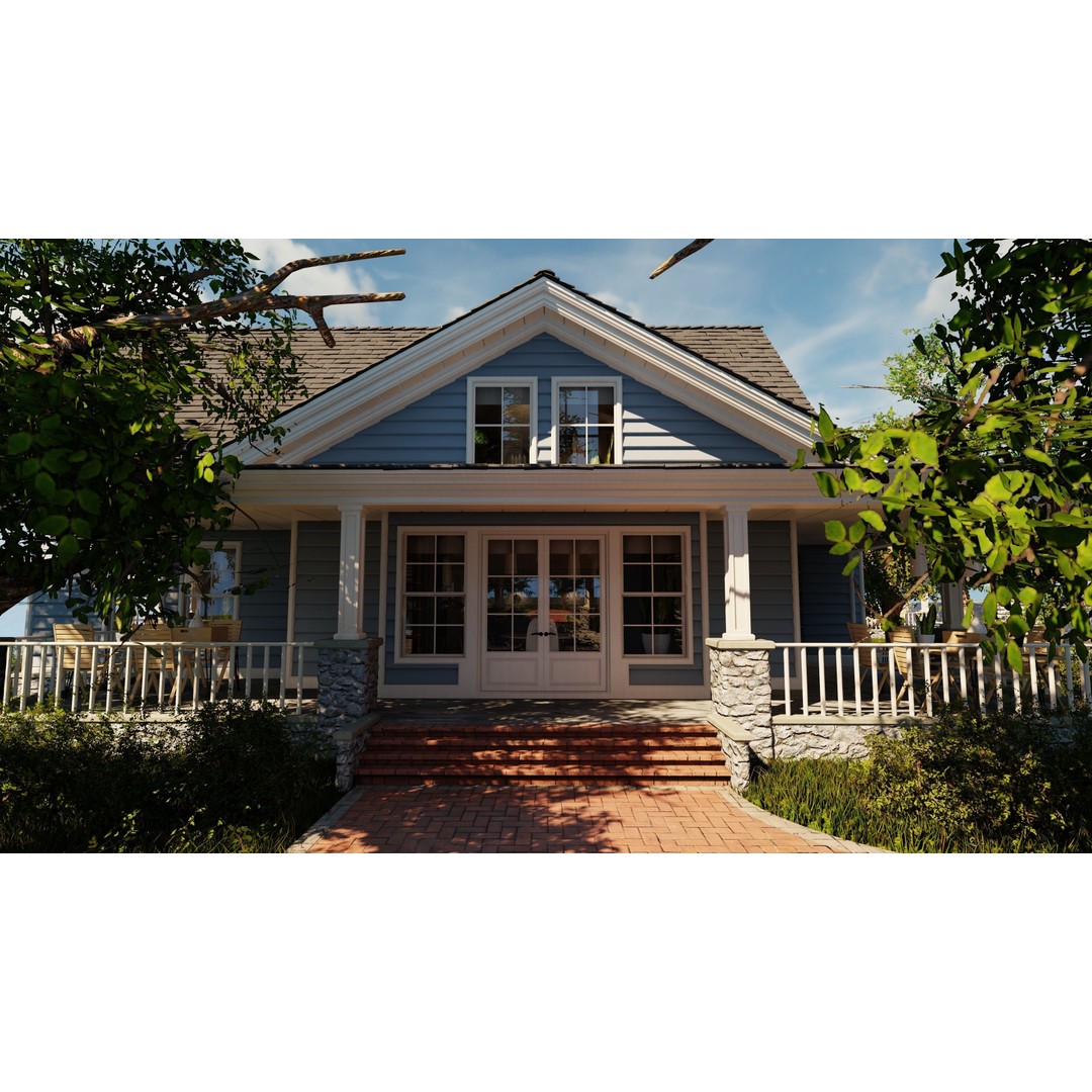 Classic Porch House 3D Model – Low Poly Game Asset, Blender, FBX - View 7