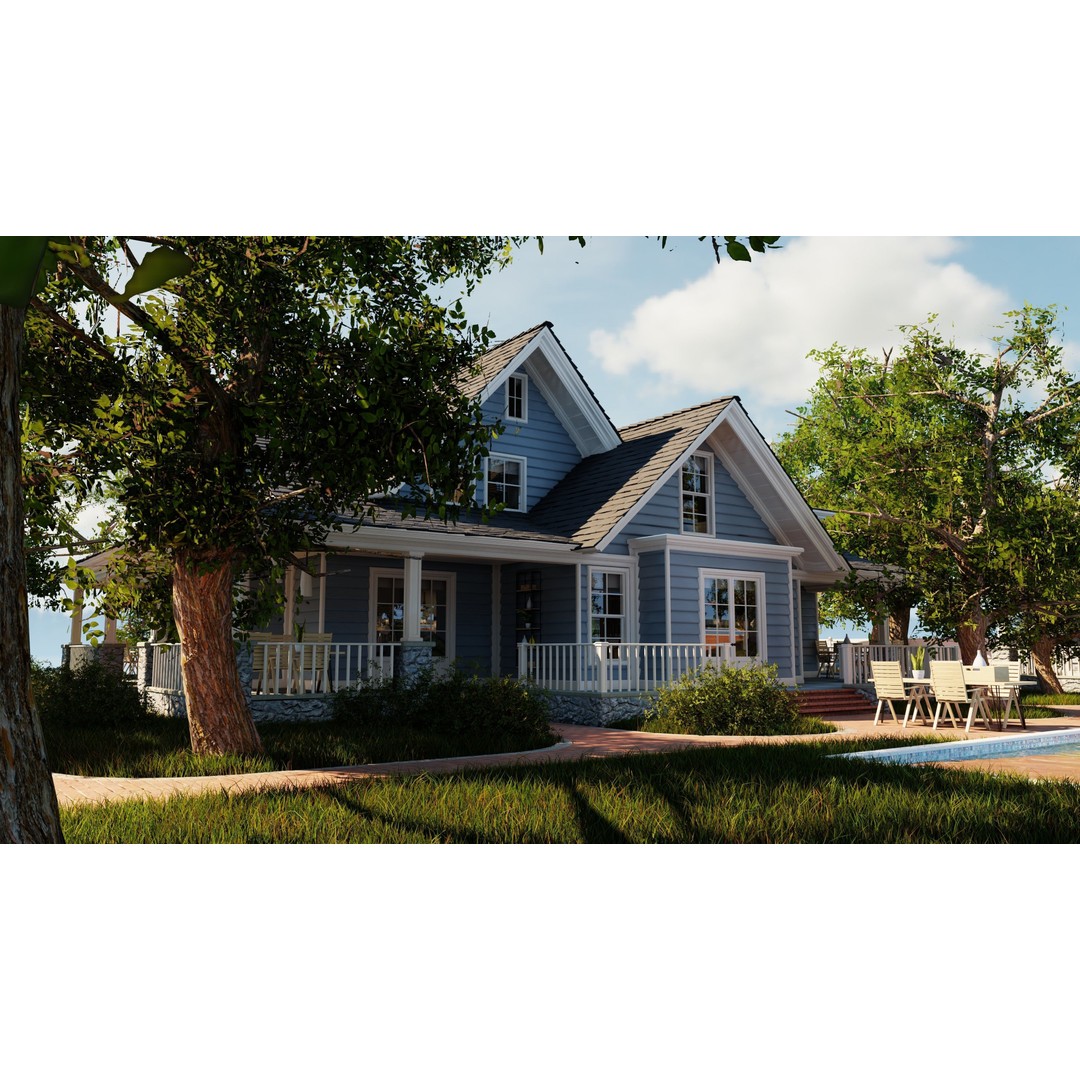Classic Porch House 3D Model – Low Poly Game Asset, Blender, FBX - View 9