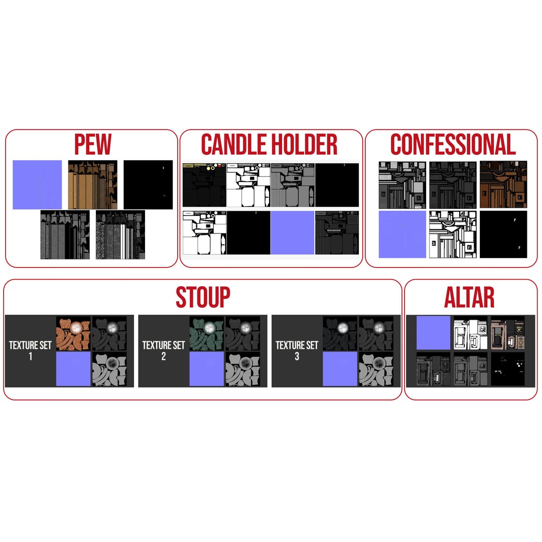 Church Assets 3D Model – PBR Textured Collection for Interior Use - View 18