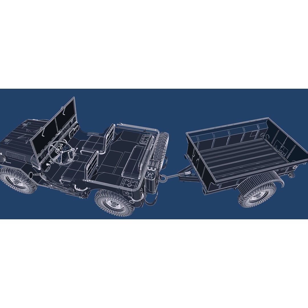 WW2 Jeep 3D Model – Detailed Military Vehicle with Trailer, FBX