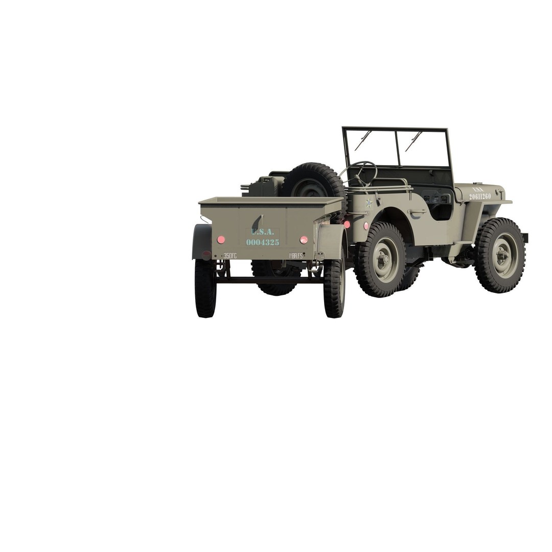 WW2 Jeep 3D Model – Detailed Military Vehicle with Trailer, FBX - View 17