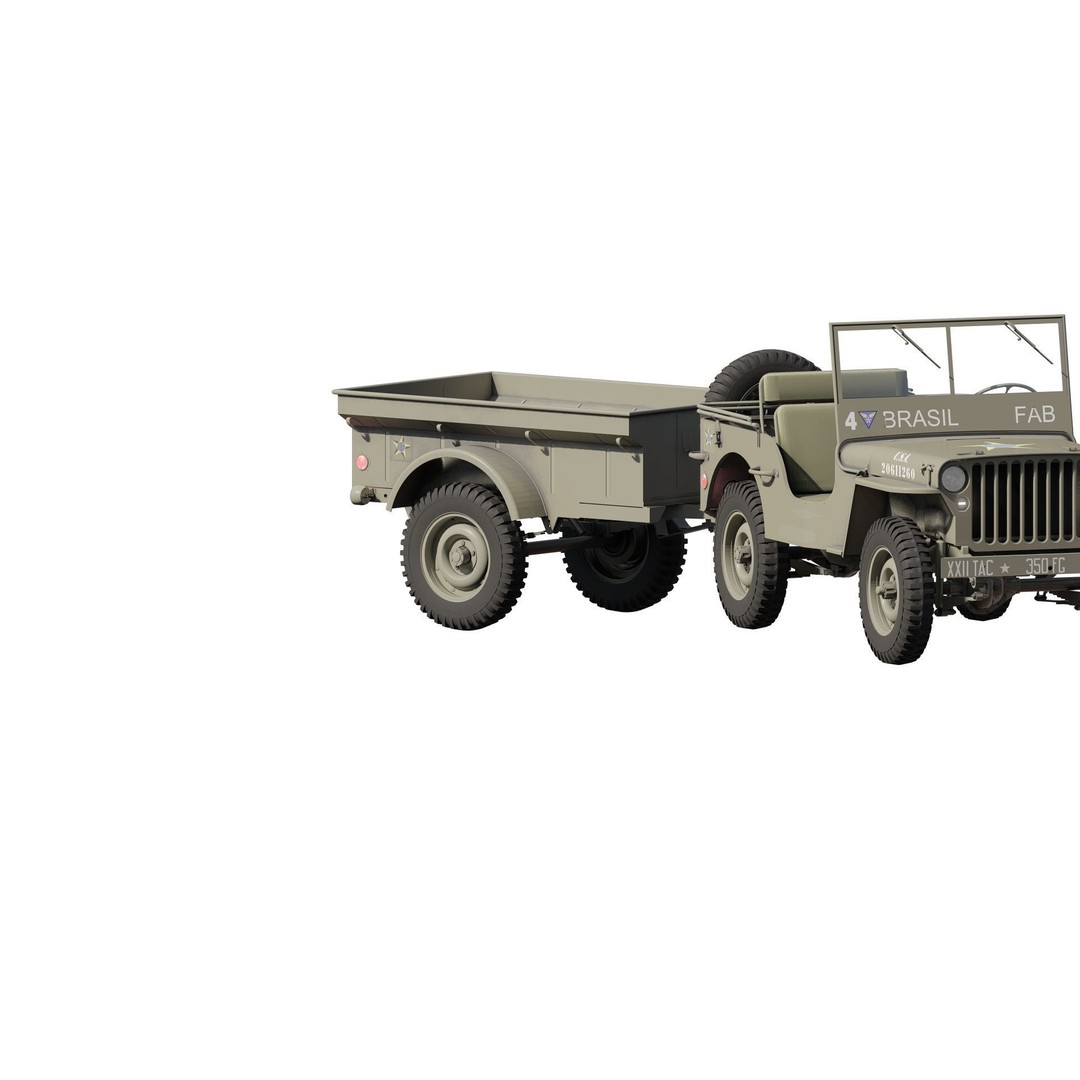WW2 Jeep 3D Model – Detailed Military Vehicle with Trailer, FBX - View 22
