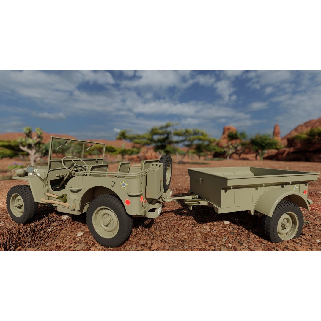 WW2 Jeep 3D Model – Detailed Military Vehicle with Trailer, FBX - View 24