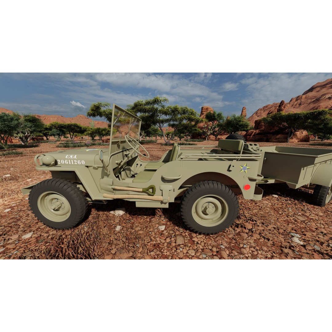 WW2 Jeep 3D Model – Detailed Military Vehicle with Trailer, FBX - View 25