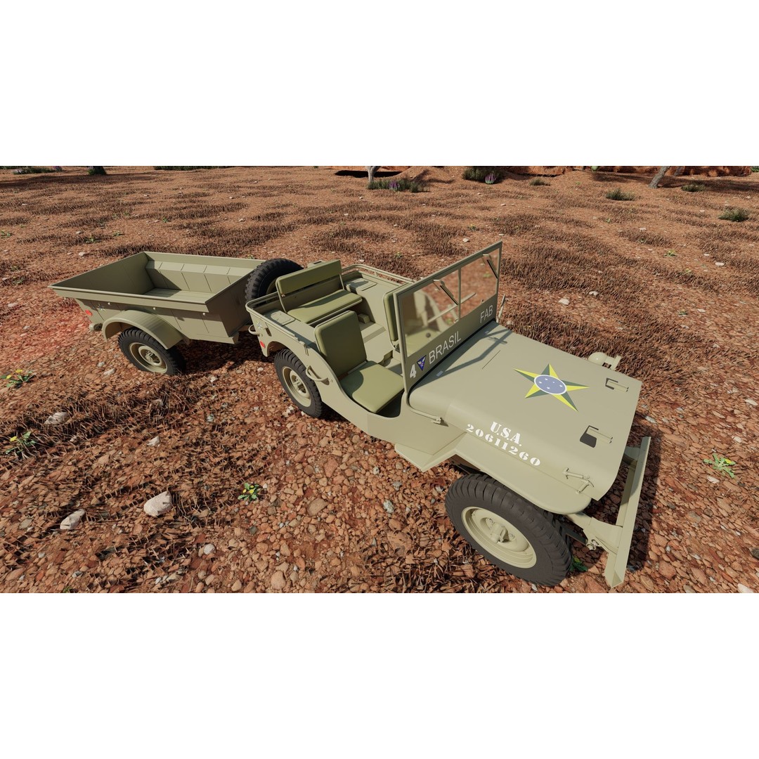 WW2 Jeep 3D Model – Detailed Military Vehicle with Trailer, FBX - View 33