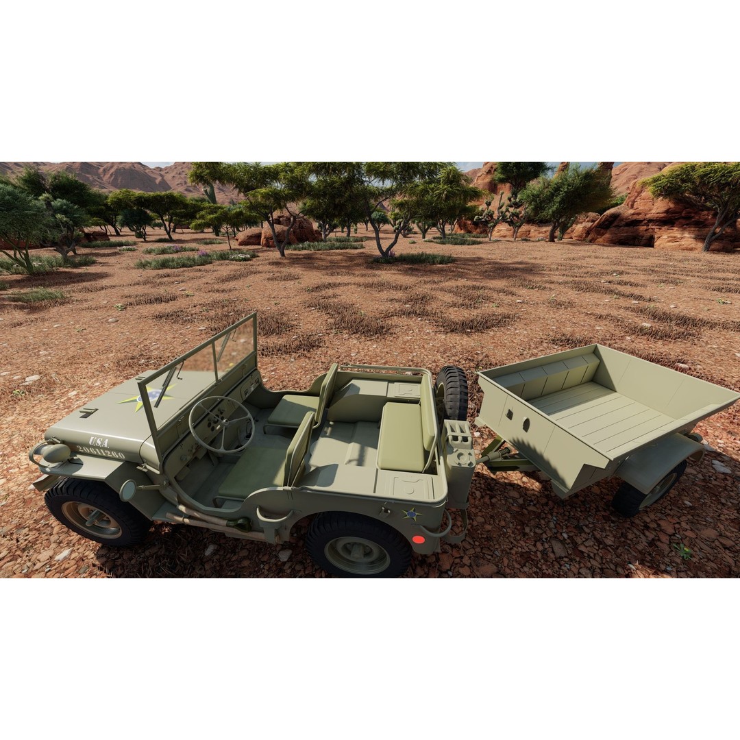 WW2 Jeep 3D Model – Detailed Military Vehicle with Trailer, FBX - View 37