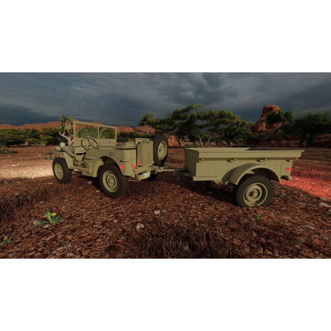 WW2 Jeep 3D Model – Detailed Military Vehicle with Trailer, FBX - View 38