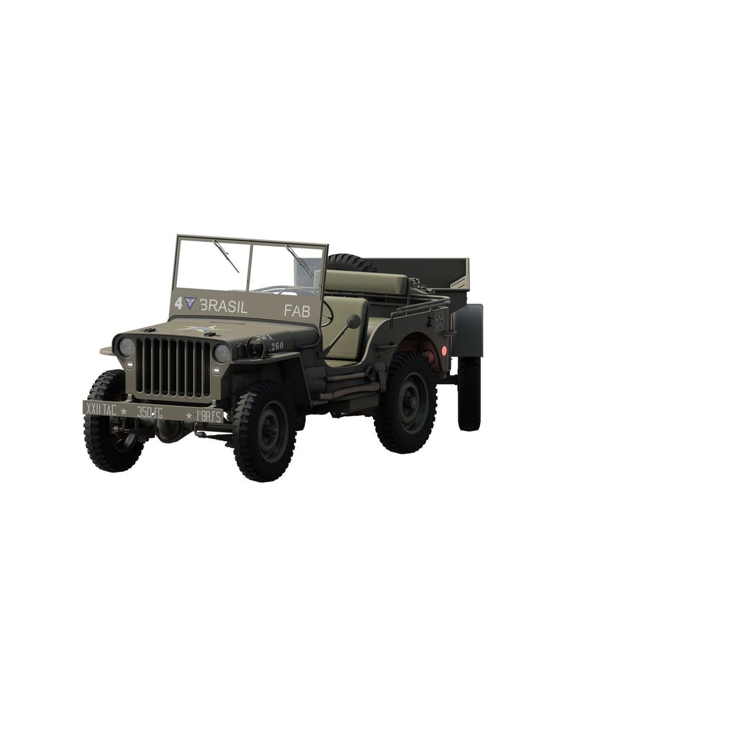WW2 Jeep 3D Model – Detailed Military Vehicle with Trailer, FBX - View 6