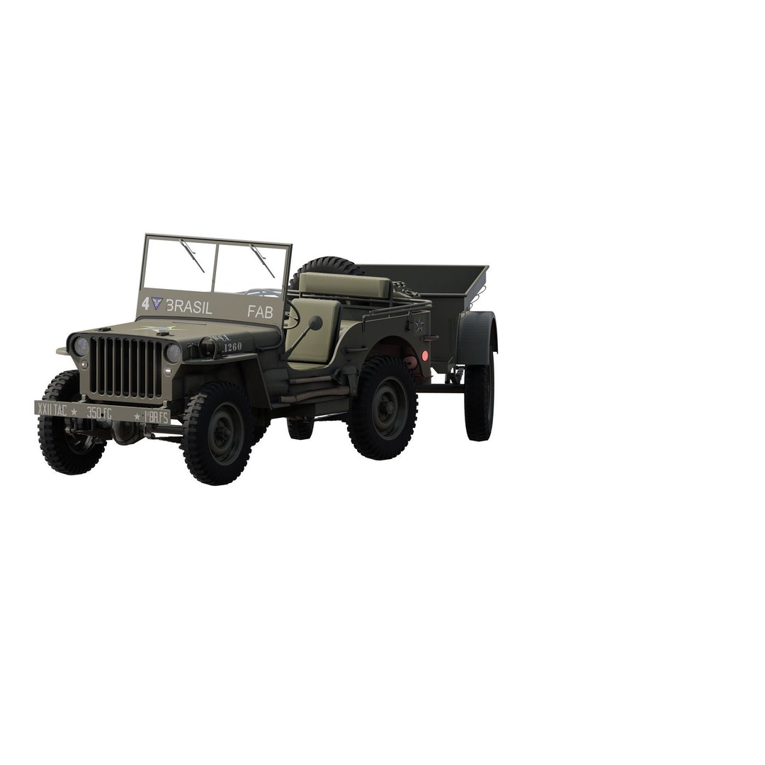 WW2 Jeep 3D Model – Detailed Military Vehicle with Trailer, FBX - View 7