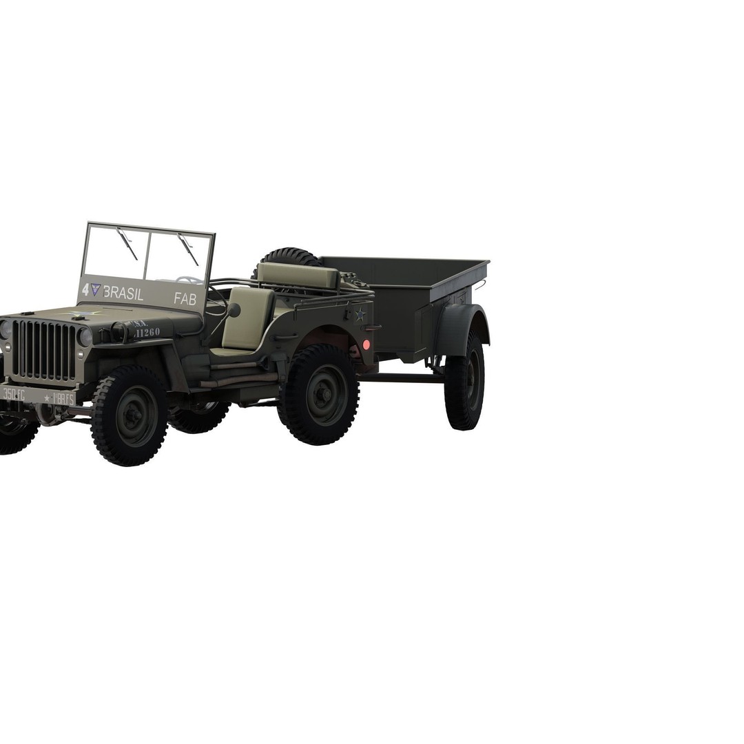 WW2 Jeep 3D Model – Detailed Military Vehicle with Trailer, FBX - View 8