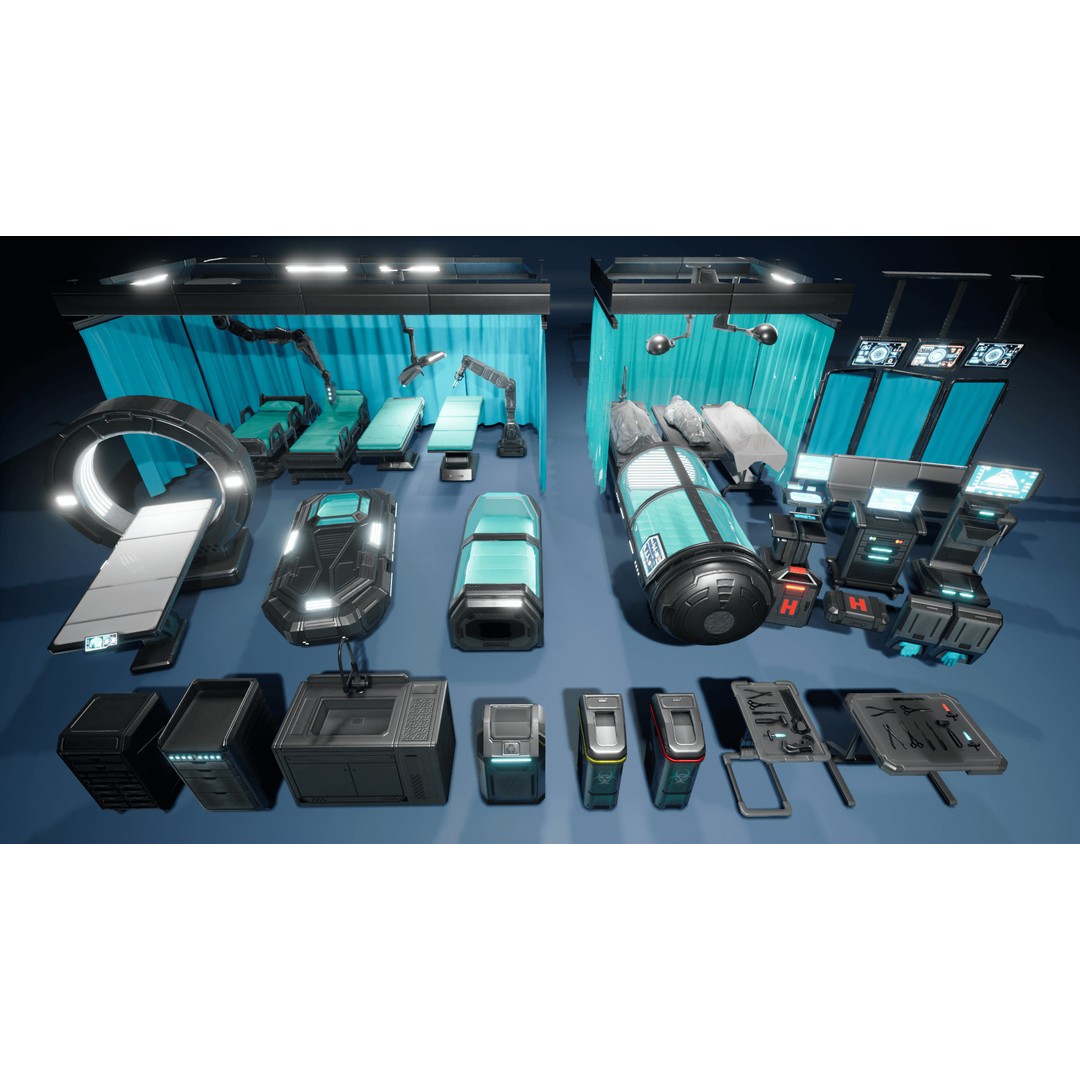Sci-Fi Hospital Room Props 3D Model – Low Poly Medical Asset, FBX - View 3