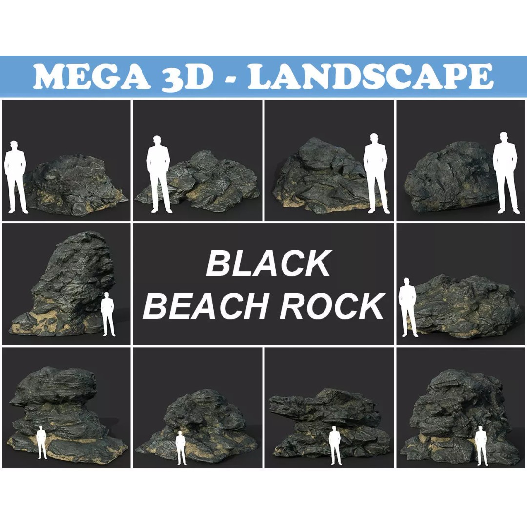 Black Beach Rock Collection 3D Model – Low Poly PBR Textures, FBX & OBJ - View 2