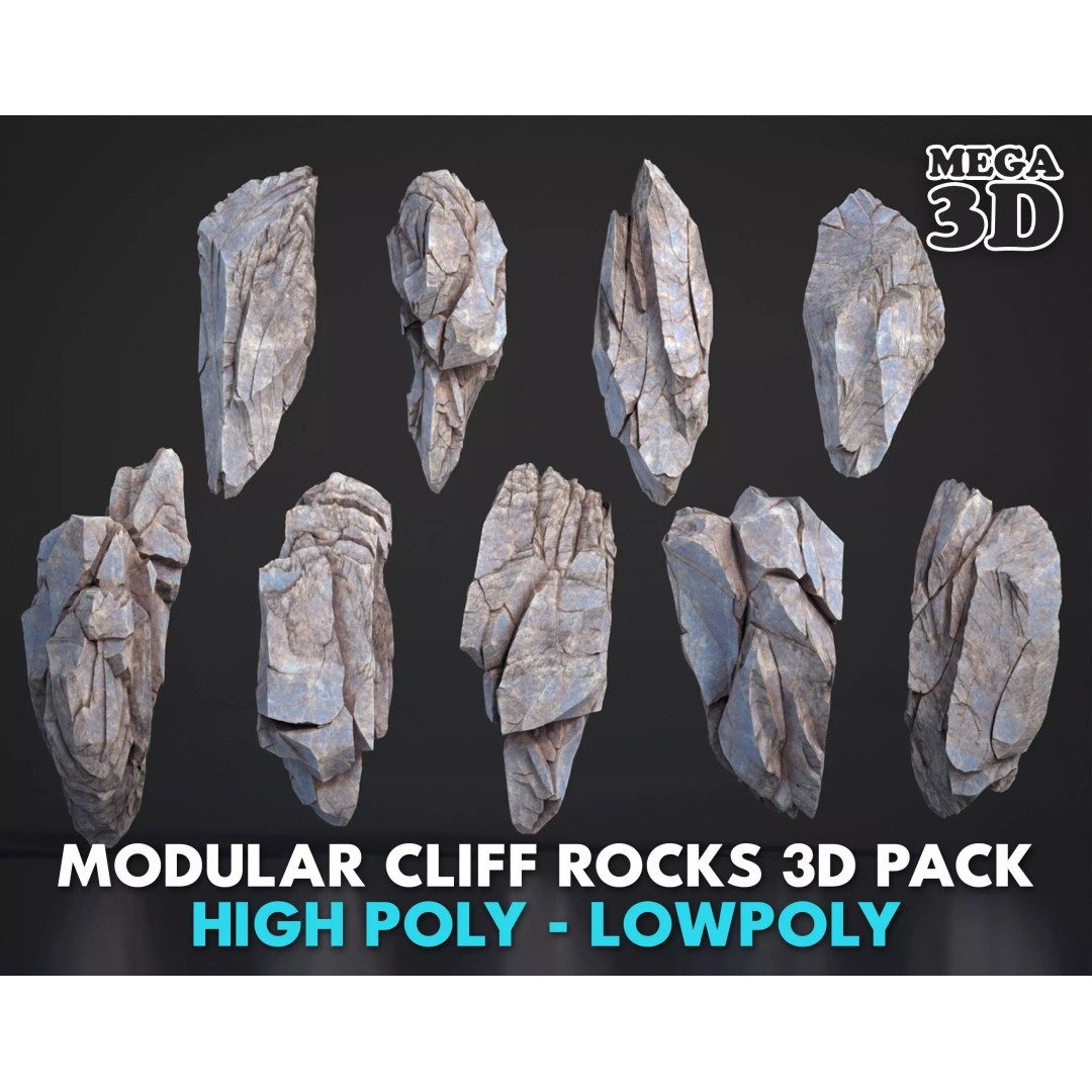 Modular Cliff Rocks 3D Model – Low Poly & High Poly Game Asset, FBX/OBJ - View 2
