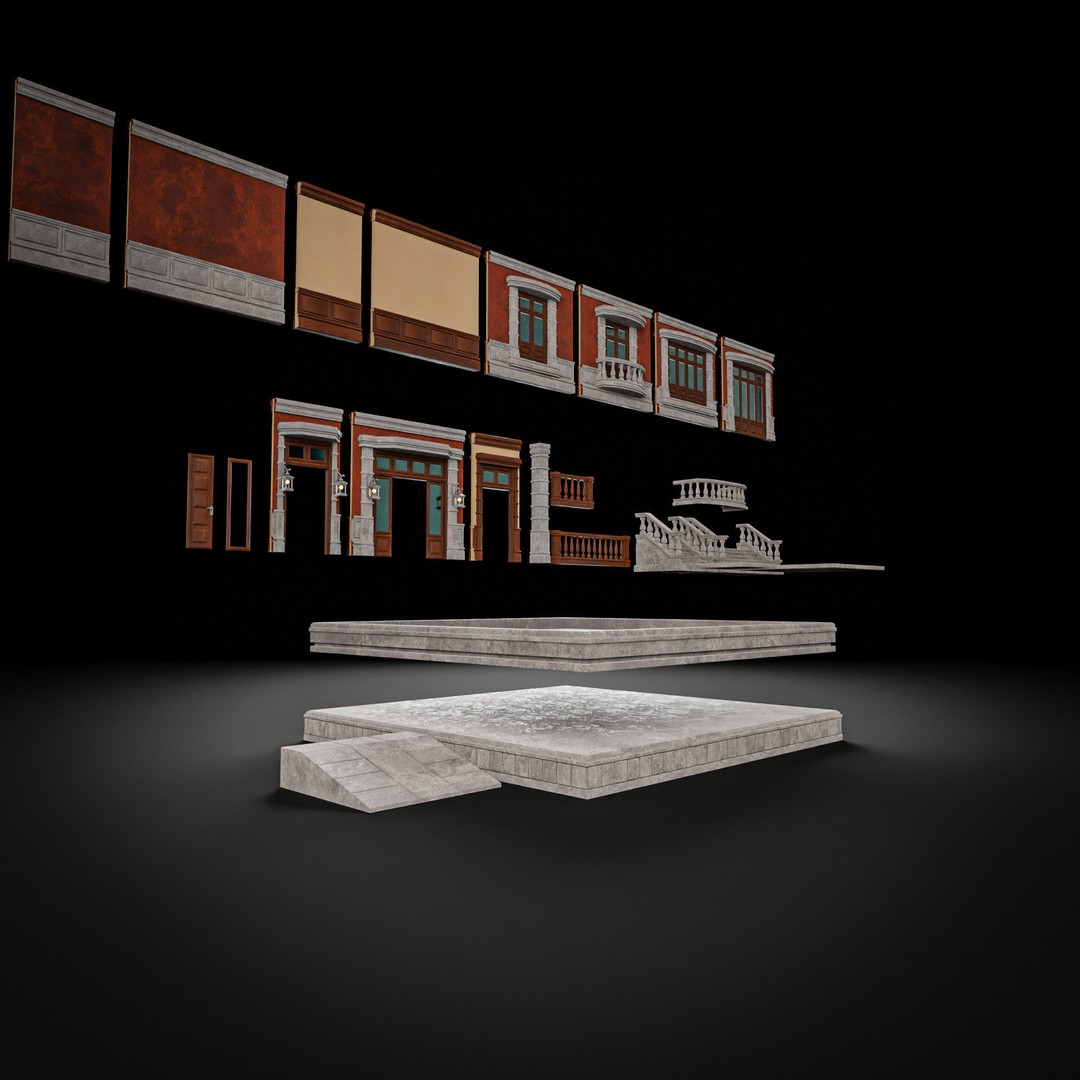 Modular Building 3D Model – Low Poly American Style, PBR Textures - View 11