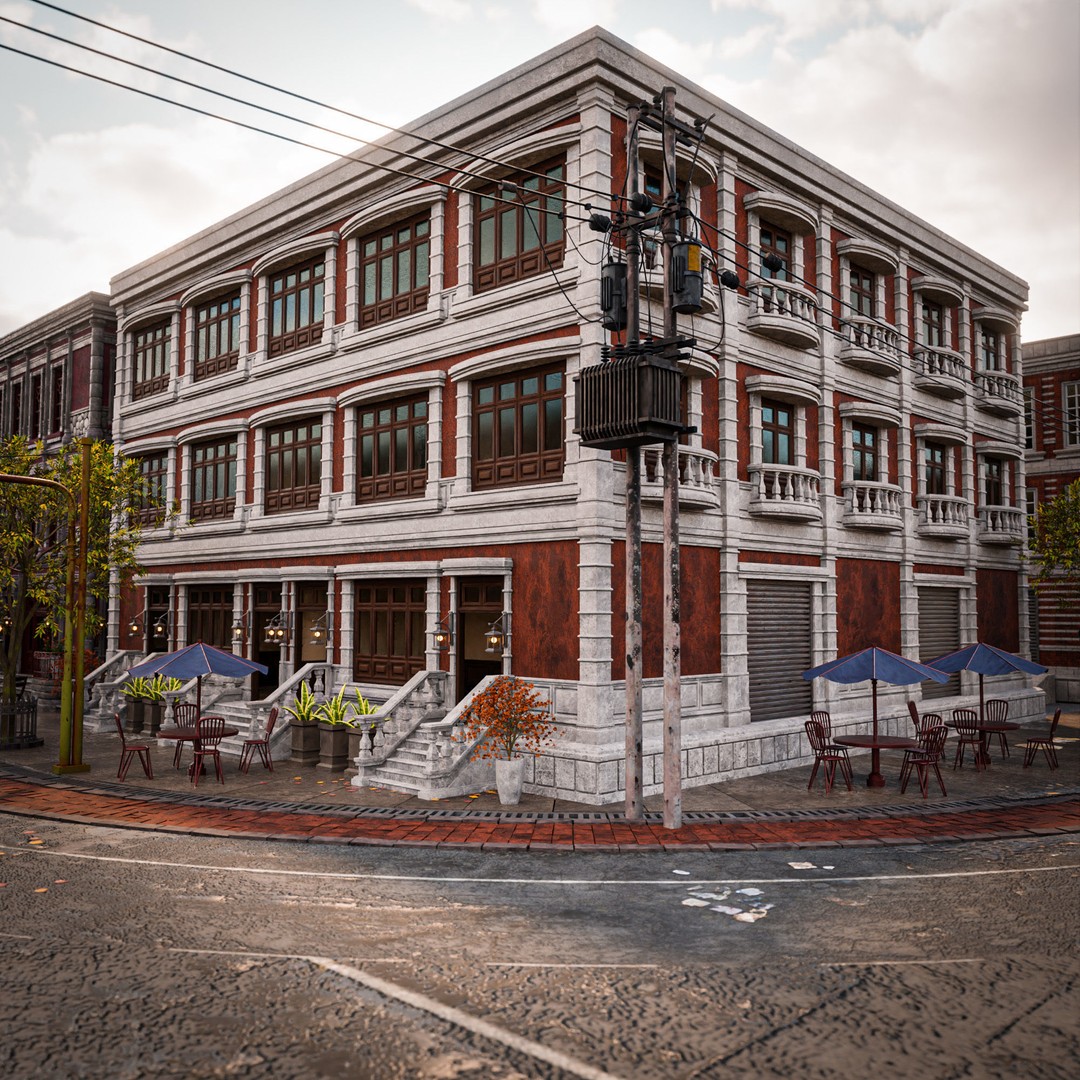 Modular Building 3D Model – Low Poly American Style, PBR Textures - View 3