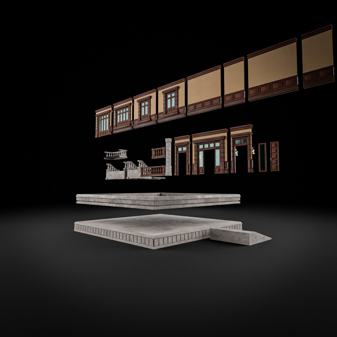 Modular Building 3D Model – Low Poly American Style, PBR Textures - View 9