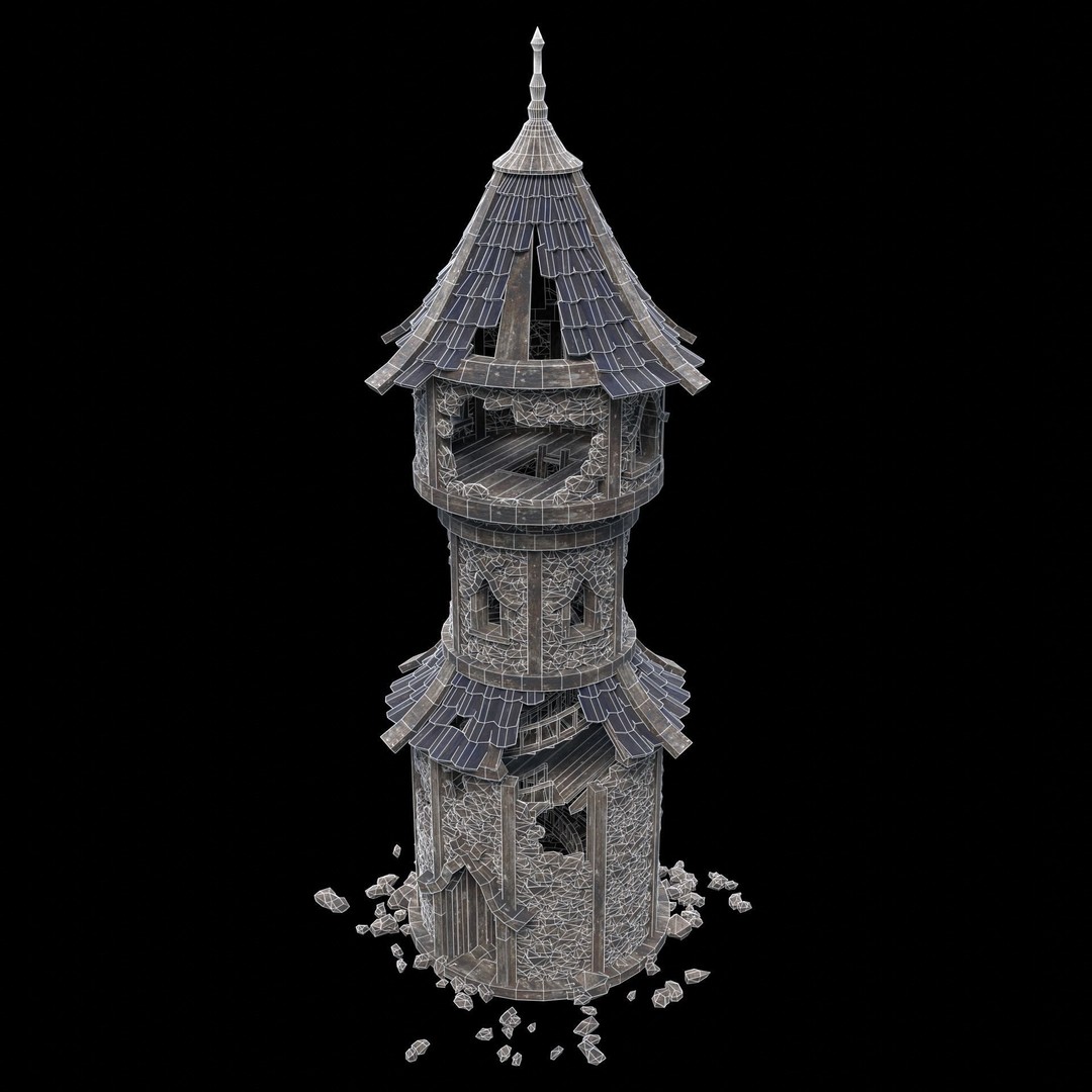 Ruined Mage Tower 3D Model – Low Poly Game Asset, FBX, OBJ - View 9