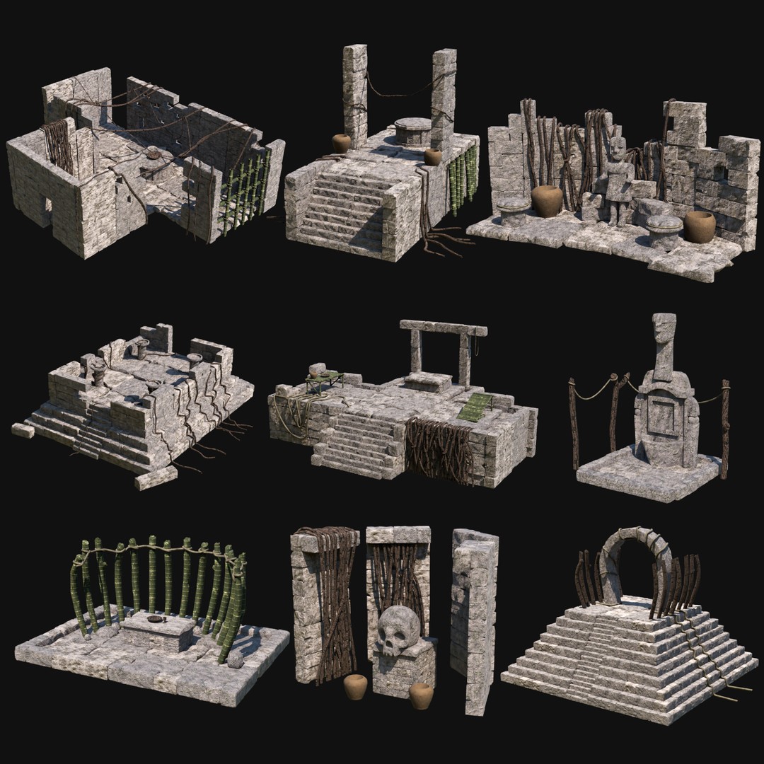 Sacrifice Altar 3D Model – Low Poly Jungle Tribal Construction, FBX, OBJ