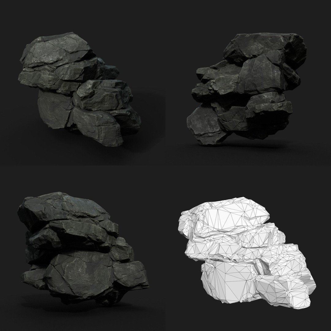 Low Poly Black Rock 3D Model – Ultra HD PBR Textures, FBX, OBJ - View 10