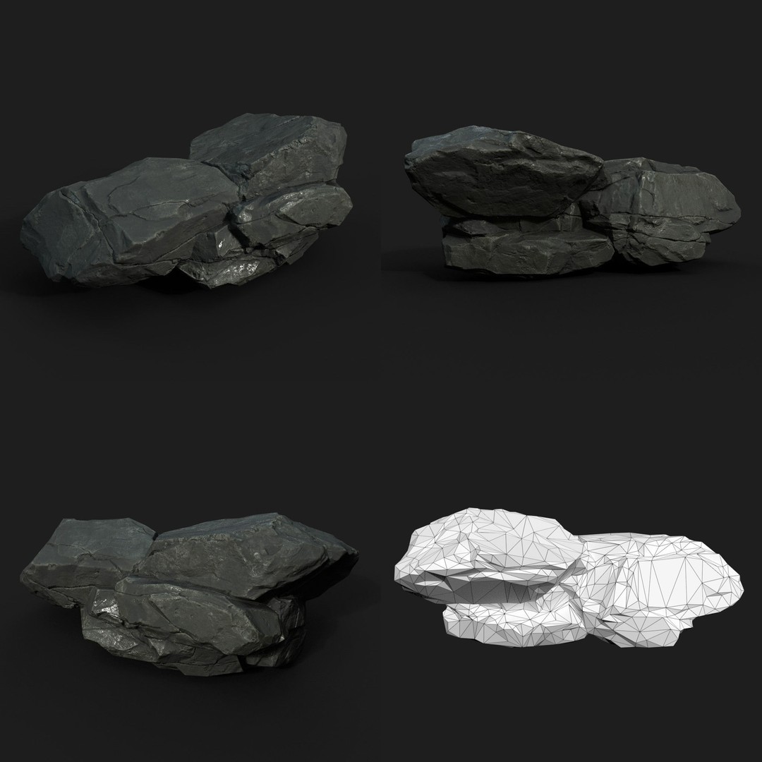 Low Poly Black Rock 3D Model – Ultra HD PBR Textures, FBX, OBJ - View 4