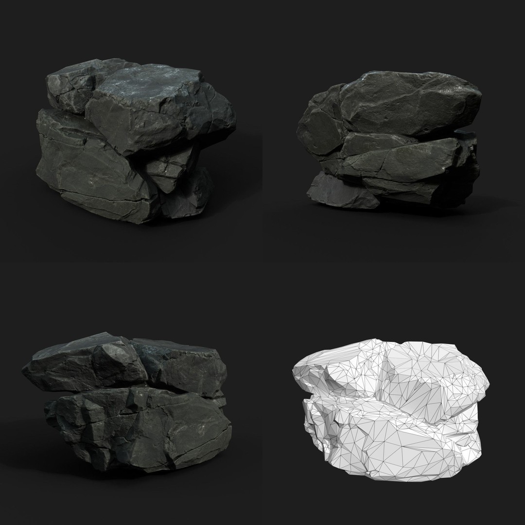 Low Poly Black Rock 3D Model – Ultra HD PBR Textures, FBX, OBJ - View 8
