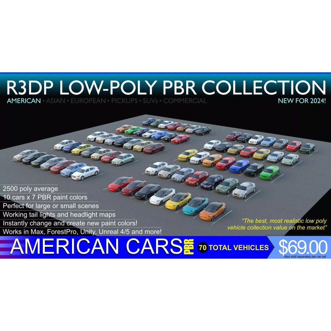 Low-Poly American Cars 3D Model – PBR Vehicle Collection, FBX, OBJ - View 2