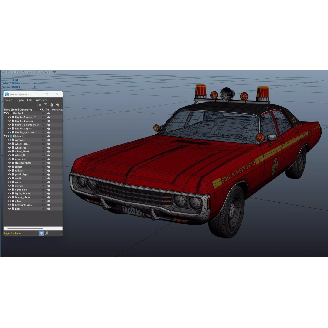 Vintage 70s Fire Chief Car 3D Model – Low Poly Game Ready Asset, FBX - View 36