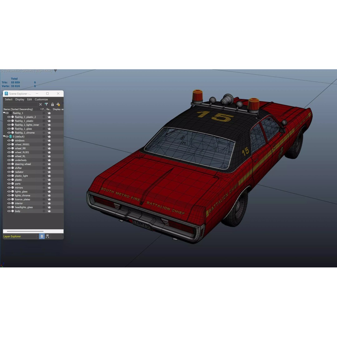 Vintage 70s Fire Chief Car 3D Model – Low Poly Game Ready Asset, FBX - View 37