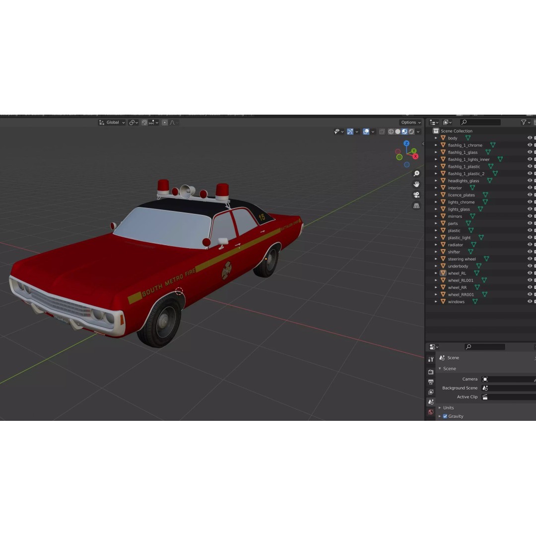 Vintage 70s Fire Chief Car 3D Model – Low Poly Game Ready Asset, FBX - View 38