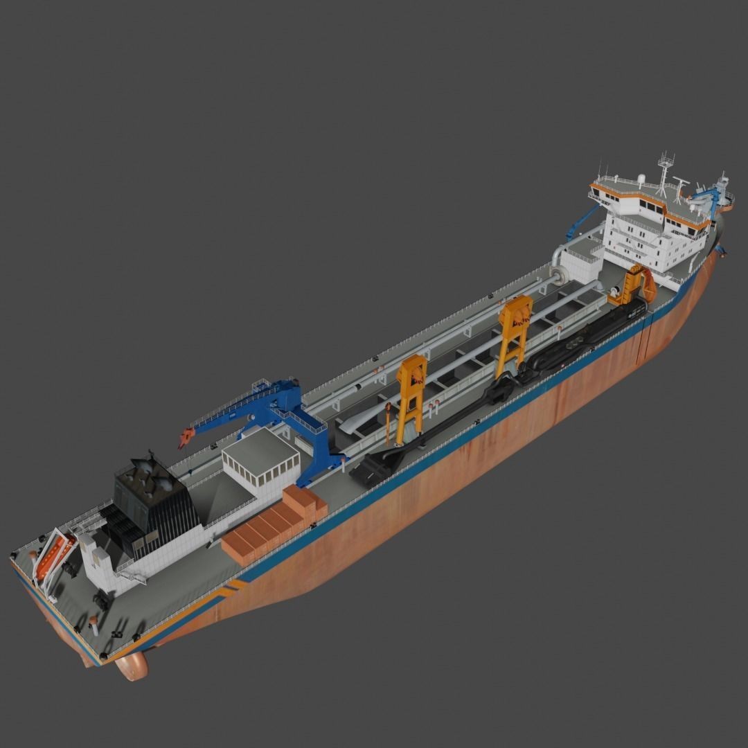 Trailing Suction Hopper Dredger 3D Model – Low Poly Industrial Boat, FBX - View 11