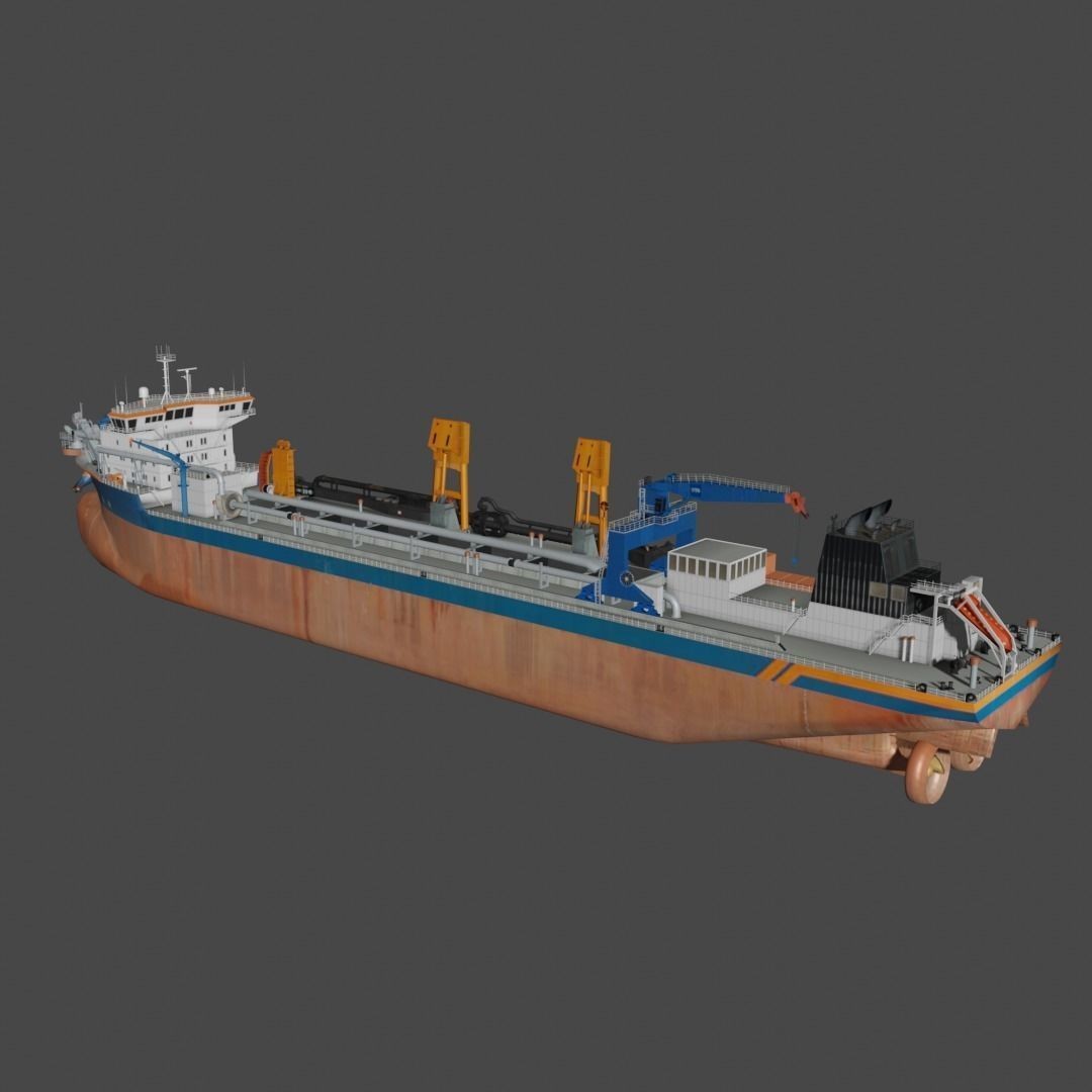 Trailing Suction Hopper Dredger 3D Model – Low Poly Industrial Boat, FBX - View 12