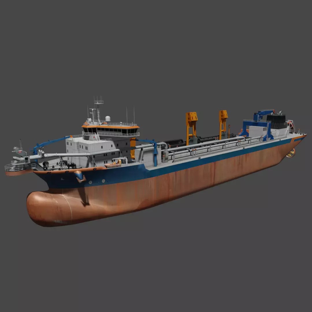 Trailing Suction Hopper Dredger 3D Model – Low Poly Industrial Boat, FBX - View 2