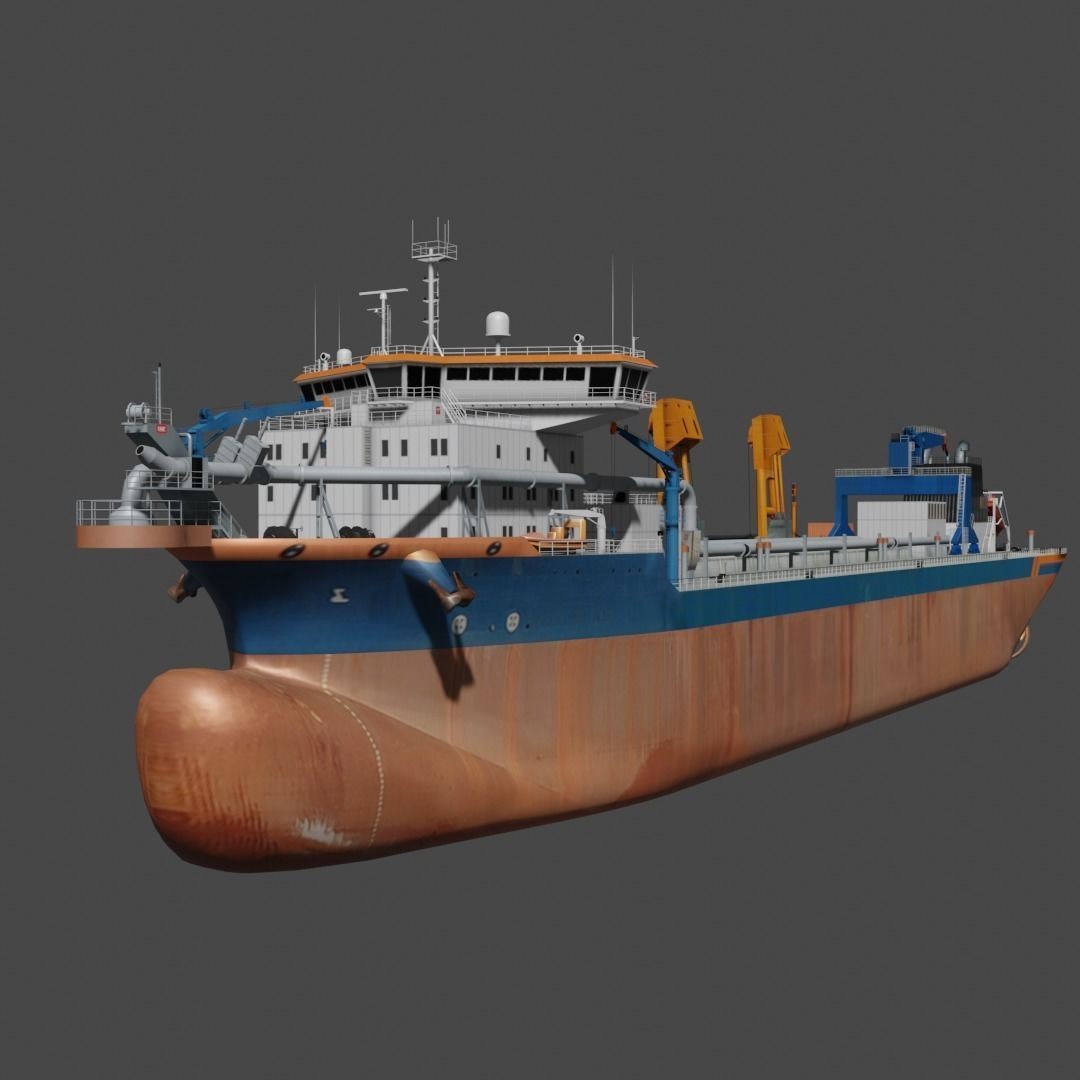 Trailing Suction Hopper Dredger 3D Model – Low Poly Industrial Boat, FBX - View 4