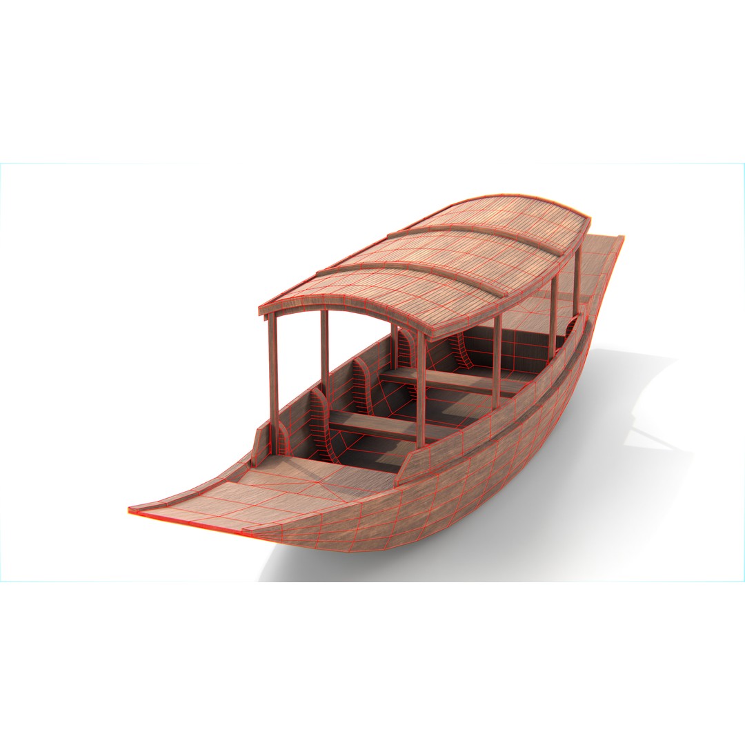 Traditional Thai Wooden Boat 3D Model – Low Poly Game Asset, FBX, OBJ - View 11
