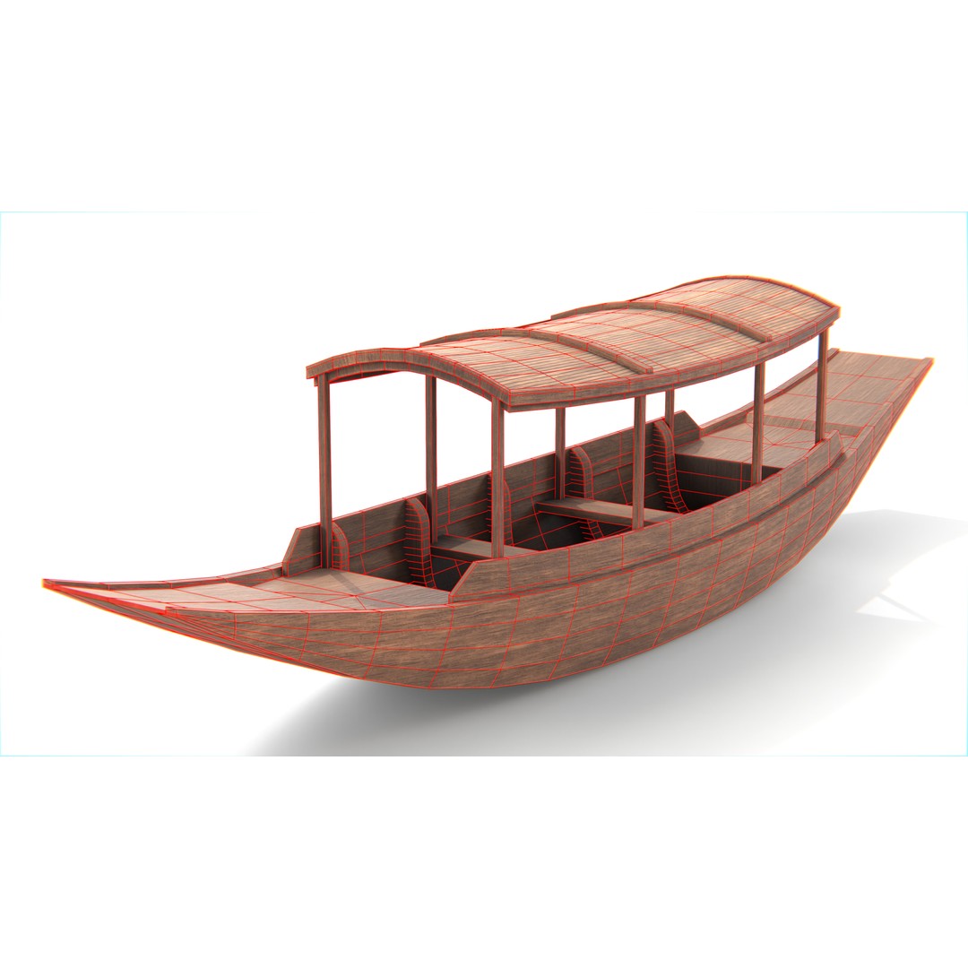 Traditional Thai Wooden Boat 3D Model – Low Poly Game Asset, FBX, OBJ - View 8