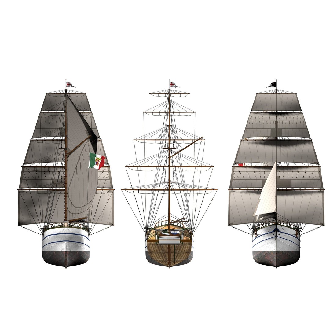 Brig 3D Model – Historic Barquetine Fidente 1920, PBR, Blender - View 22