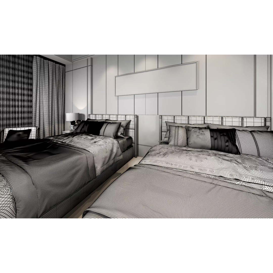 Hotel Bedroom 3D Model – Low Poly Interior Design, FBX & OBJ