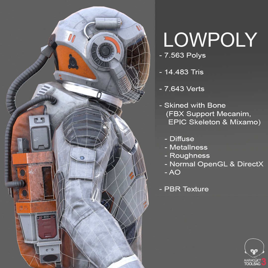 MX00 Male Space Suit 3D Model – Low Poly Game Ready, FBX, Rigged - View 3