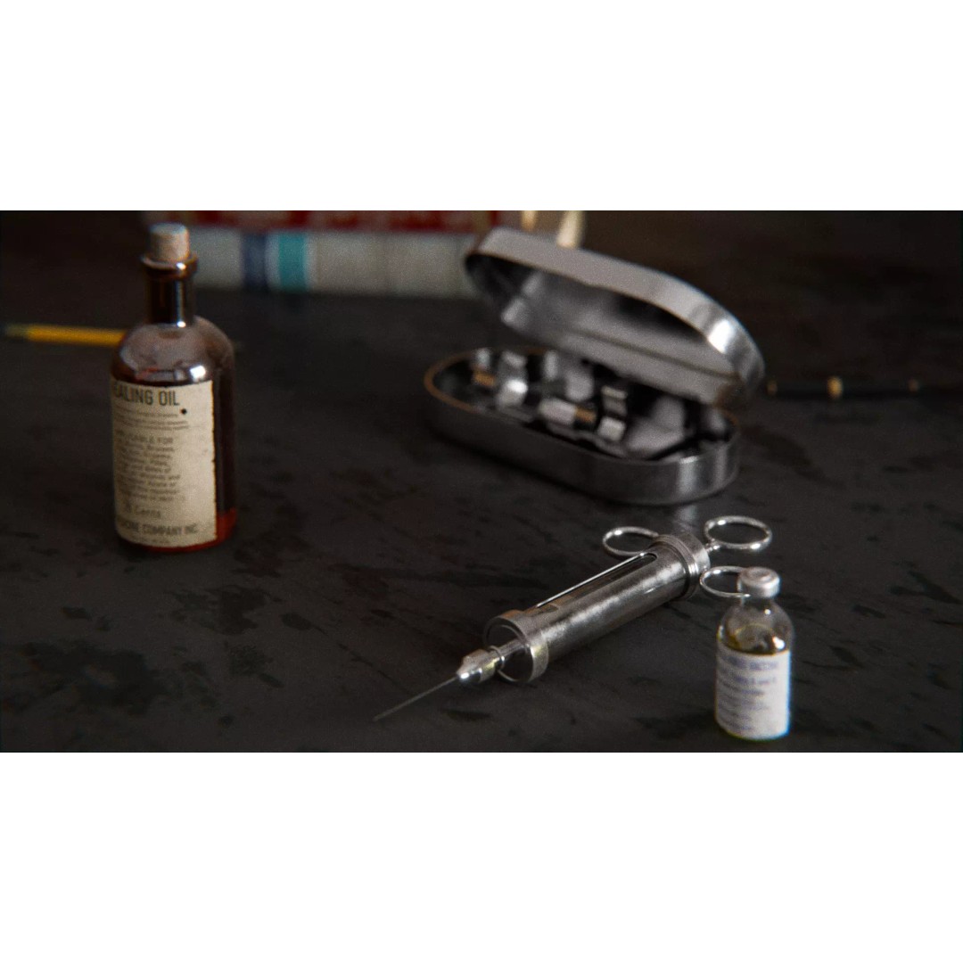 Old Syringe 3D Model – Vintage Medical Scene, PBR Textures, FBX - View 2
