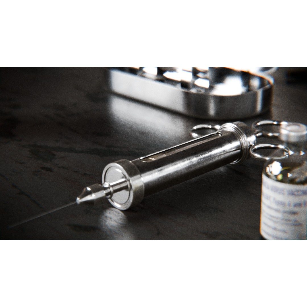 Old Syringe 3D Model – Vintage Medical Scene, PBR Textures, FBX - View 3