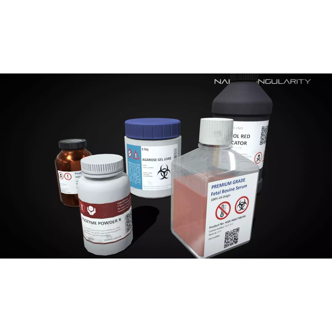 Chemical Reagent Substance Bottles 3D Model – Low Poly PBR Laboratory Asset, FBX - View 2