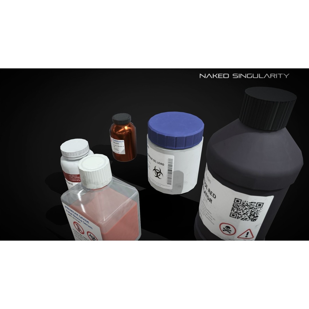 Chemical Reagent Substance Bottles 3D Model – Low Poly PBR Laboratory Asset, FBX - View 6
