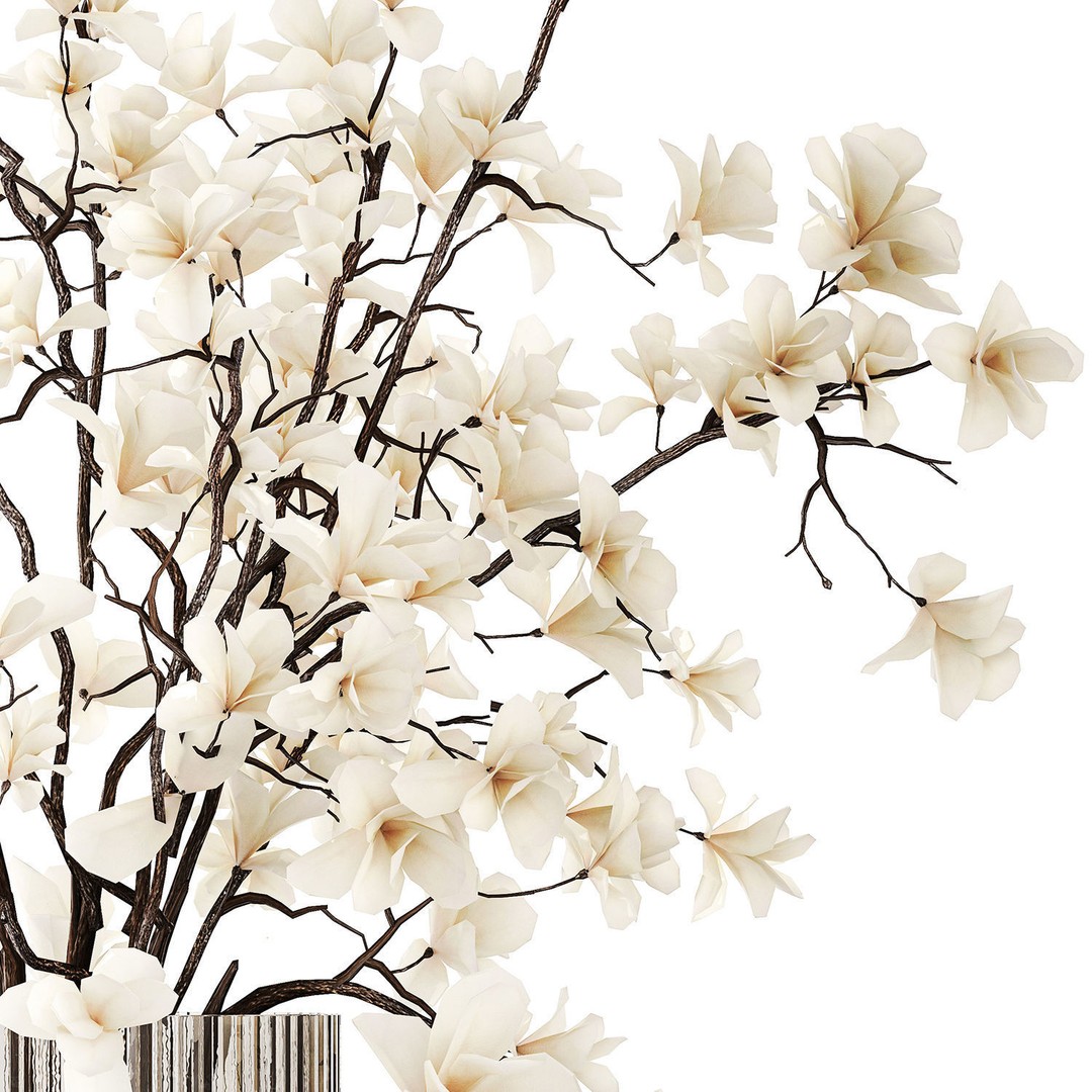 Magnolia Bouquet 3D Model – Beautiful White Flowers in Glass Vase - View 10