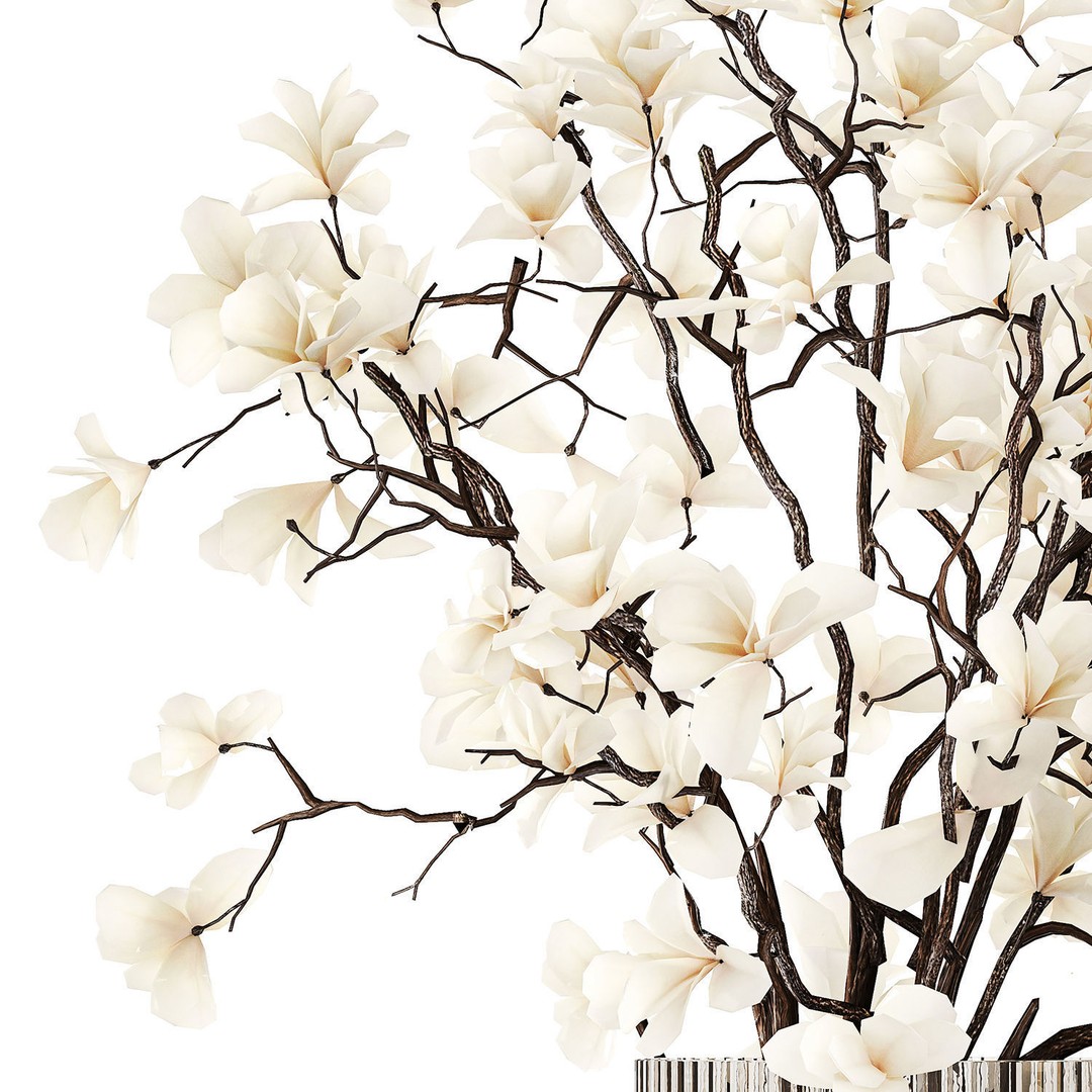 Magnolia Bouquet 3D Model – Beautiful White Flowers in Glass Vase - View 11