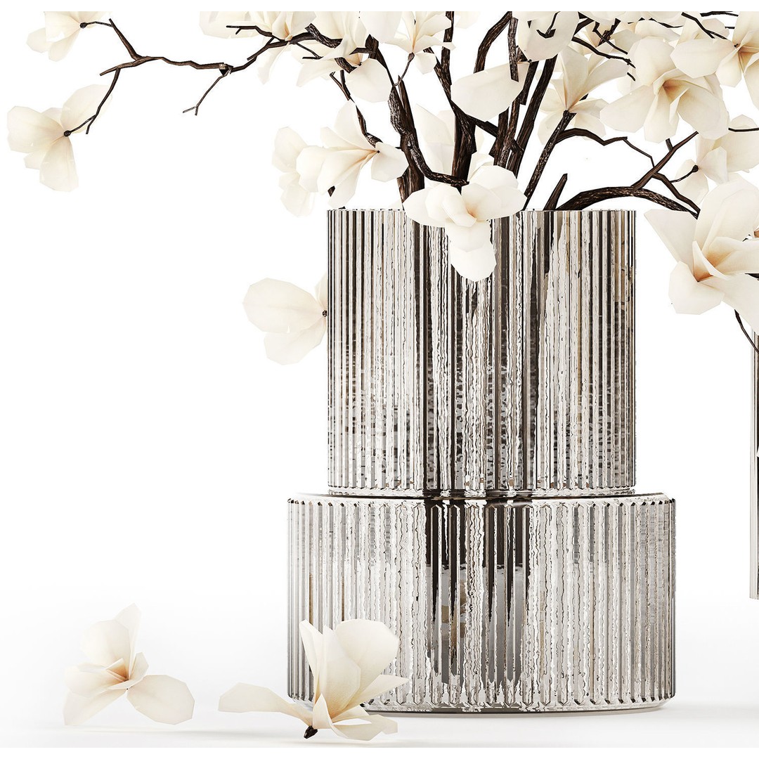 Magnolia Bouquet 3D Model – Beautiful White Flowers in Glass Vase - View 12
