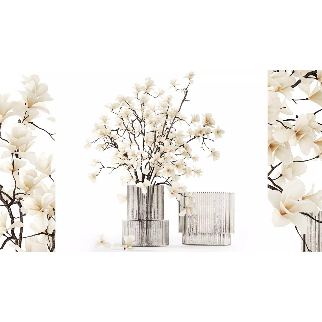 Magnolia Bouquet 3D Model – Beautiful White Flowers in Glass Vase - View 2