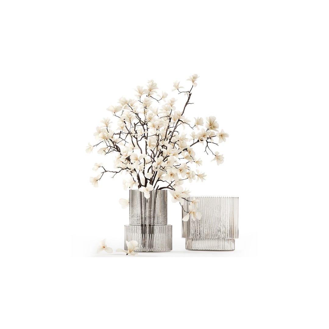 Magnolia Bouquet 3D Model – Beautiful White Flowers in Glass Vase - View 3